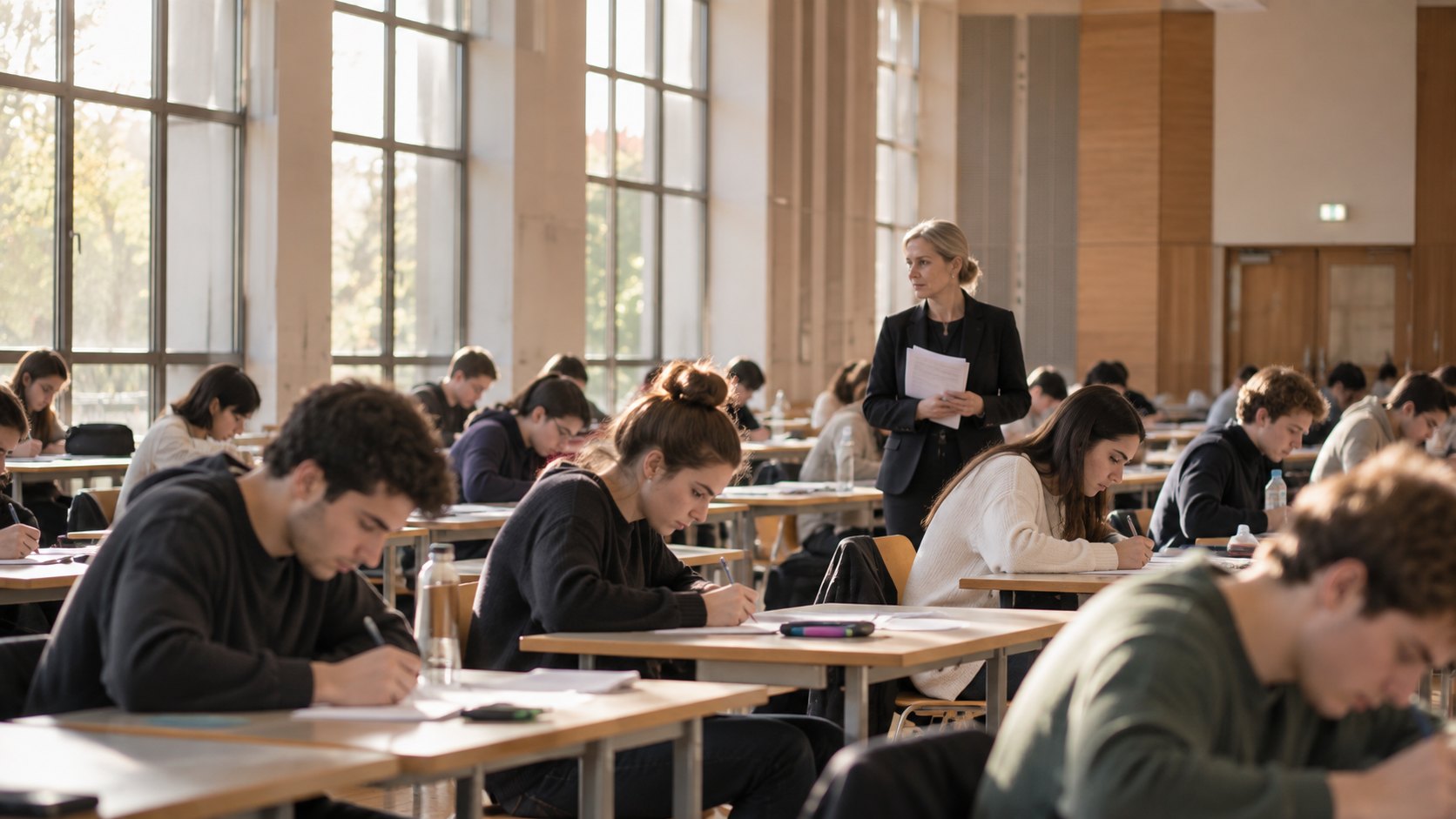 Session d'examens dans un établissement d'enseignement supérieur, une surveillante observe la salle